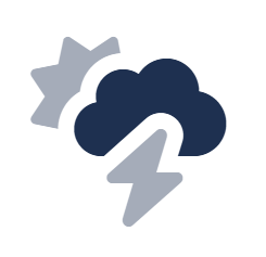 Icon showing a navy cloud with a lightning bolt in front and a gray sun partially hidden behind, symbolizing mixed weather with sun and storms.